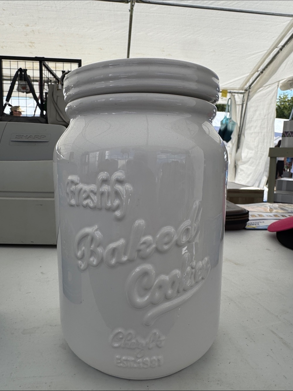 White Ceramic Cookie Jar - Embossed "Freshly Baked Cookies"